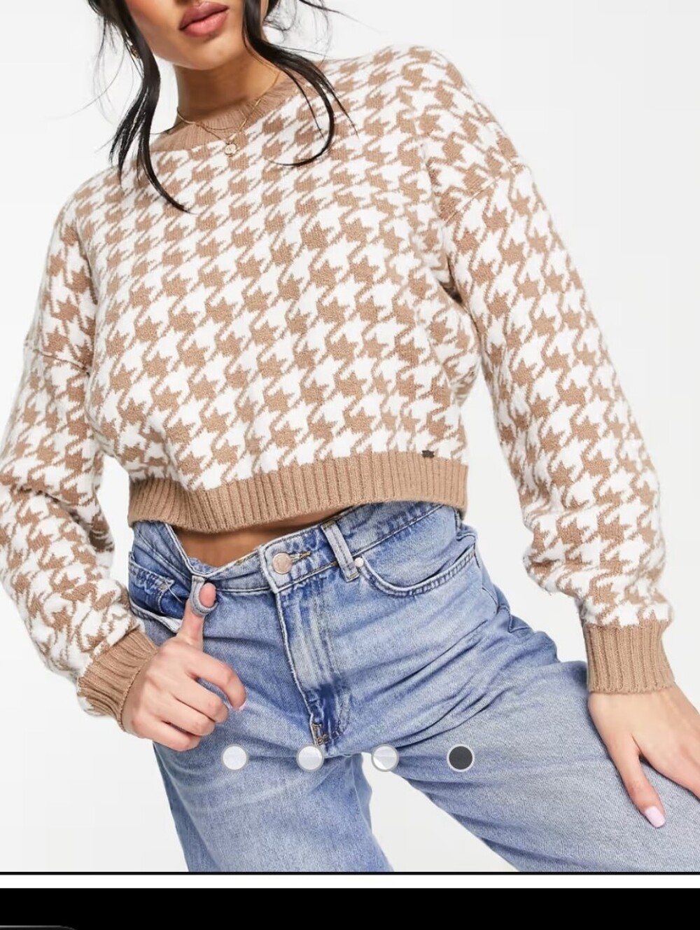 Hollister Houndstooth Cropped Crewneck Sweater - Cream & Tan
